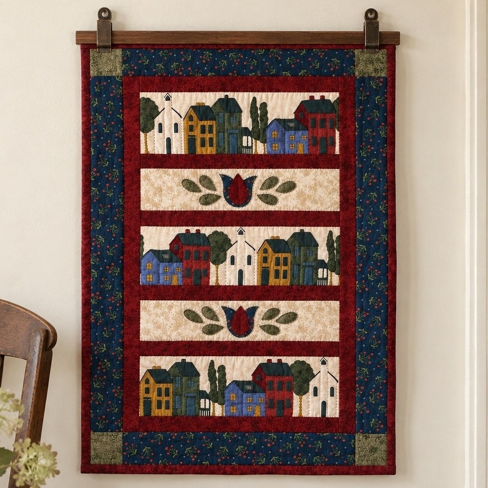 Vintage Primitive Folk Art Village Quilt Wall Hanging Applique Houses Tulips 25"